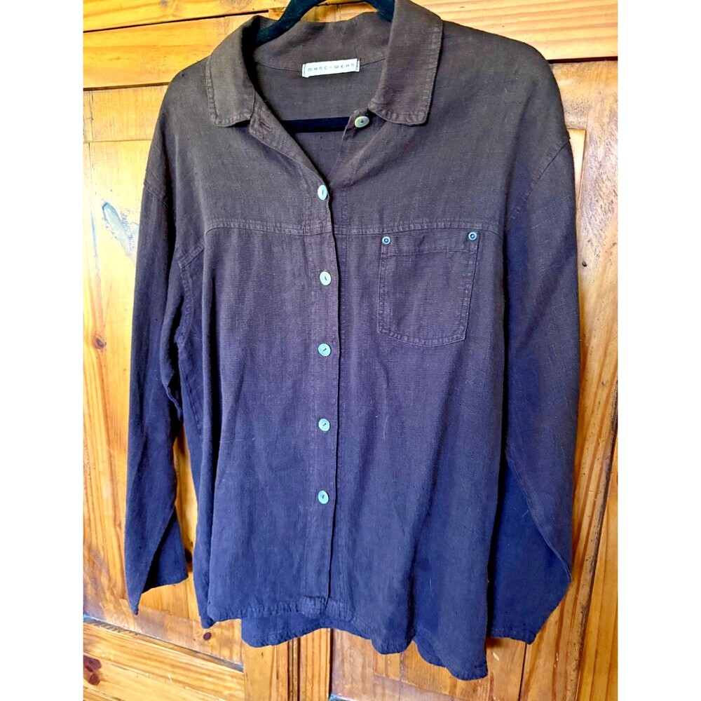 NWOT Marc Ware Brown Linen Long Sleeve Button Front Top Sz L